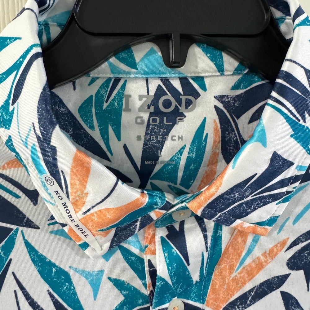 NEW IZOD Men's Blue and Orange Patterned golf Shirt size Large